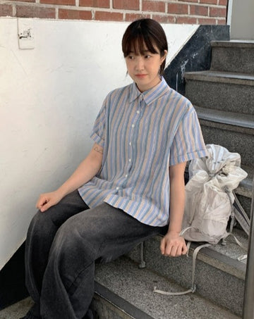 Yudi Color Stripe Collar Short Sleeve Shirt